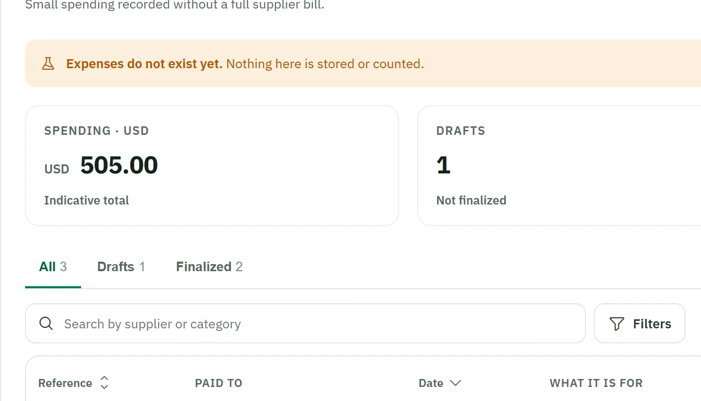 The expenses list with categories and amounts — example data