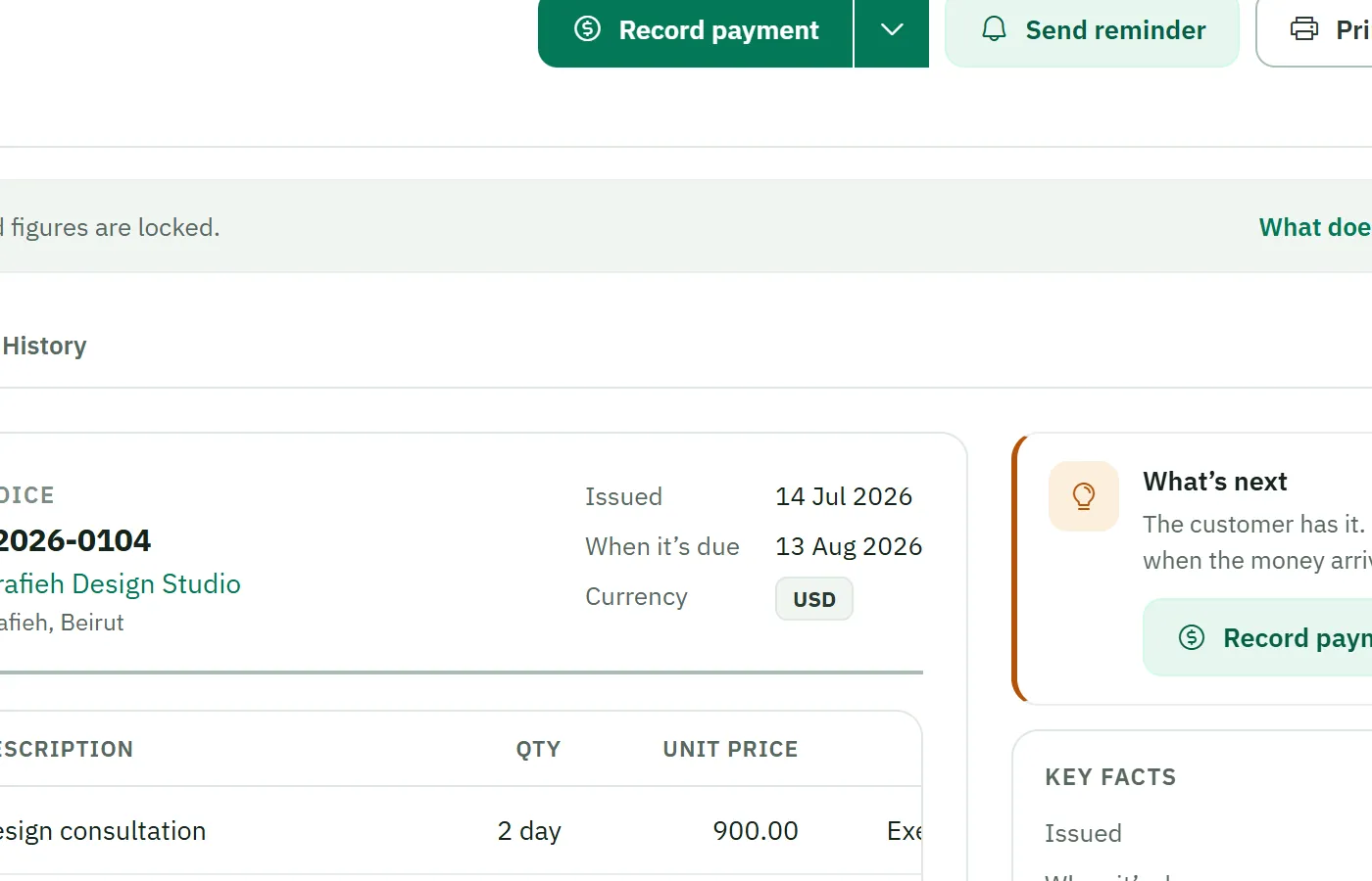Recording a payment against an invoice, with key facts — example data