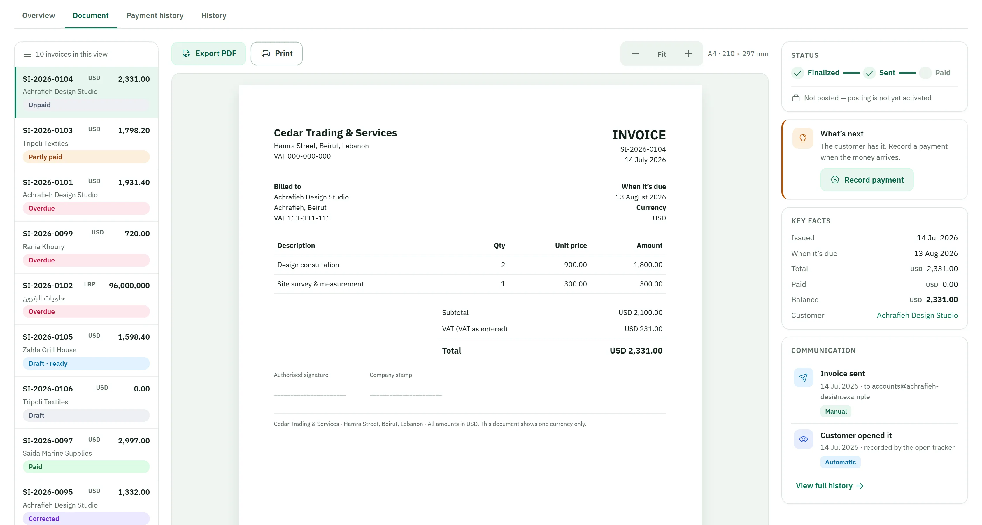 Invoicing — a finished invoice document with line items, VAT and total