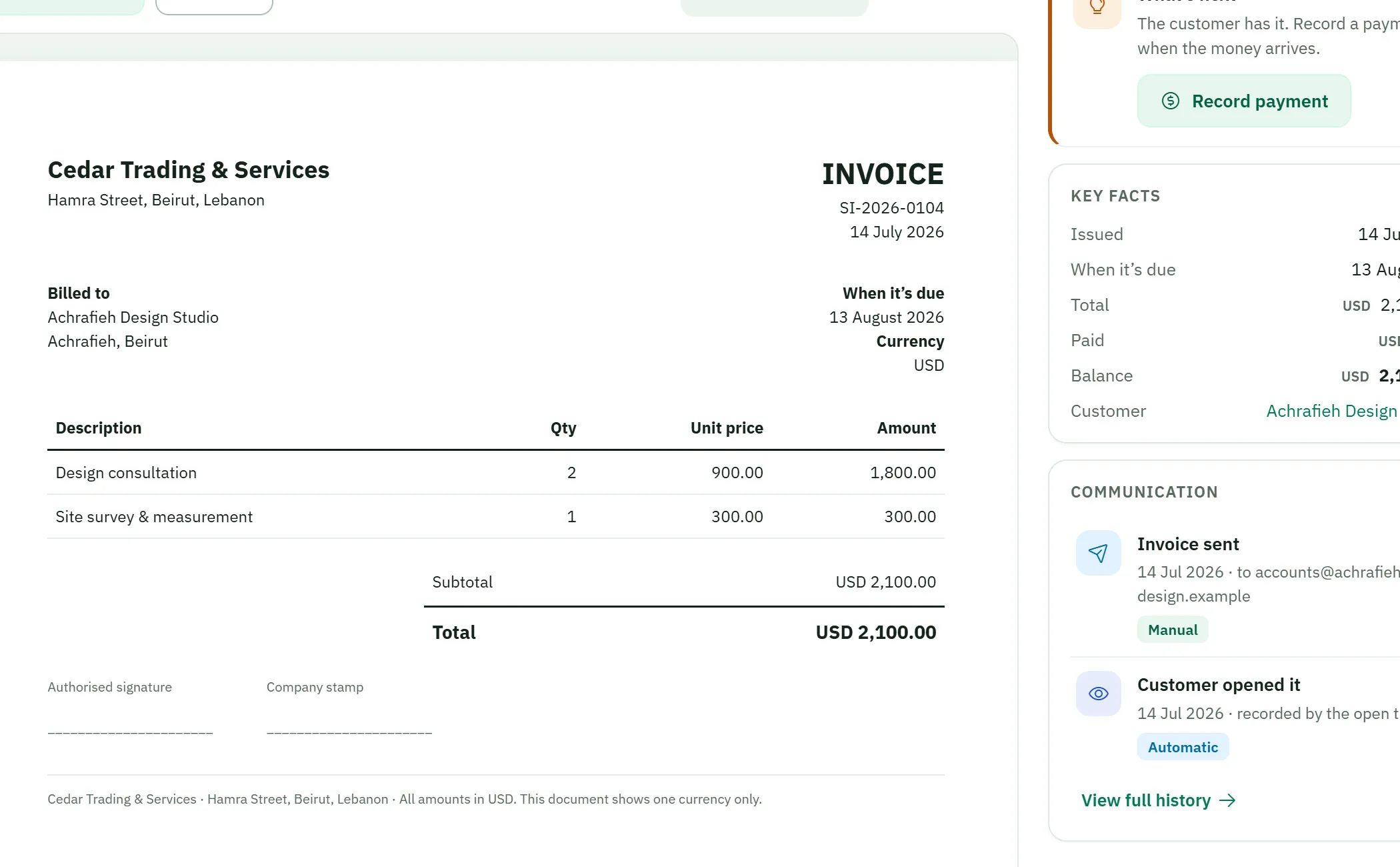 A finalized invoice document with line items and totals — example data